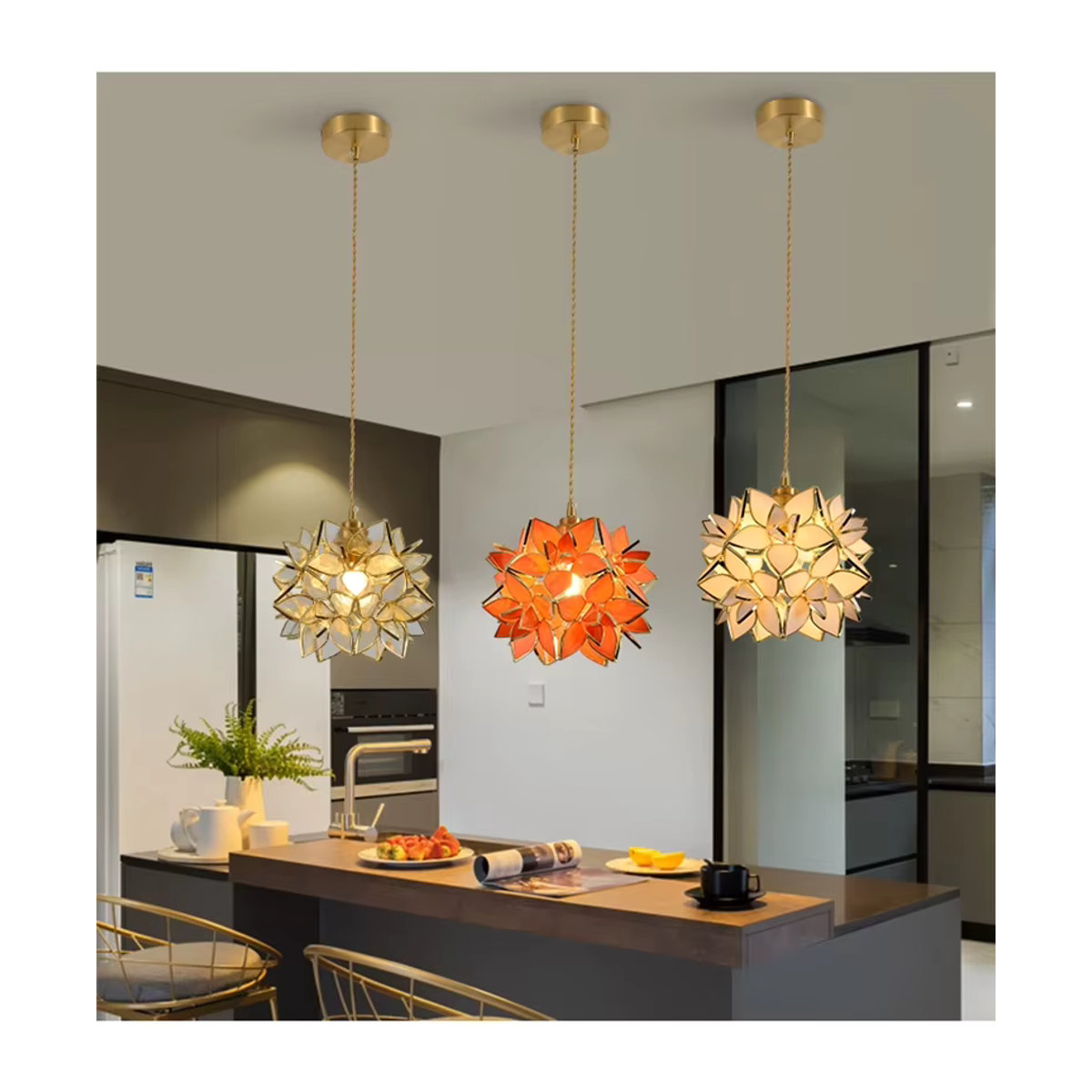 Ramalho Nordic Blume Pendelleuchte aus Glas und Metall in Kupfer Bunt mit LED für Wohnzimmer Esszimmer und Küche - Bild 2