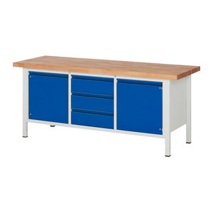 Rau Werkbank Serie Basic 8 Modell 8569-2 in Buche und Blau, B/T/H: 200 x 70 x 84 cm
