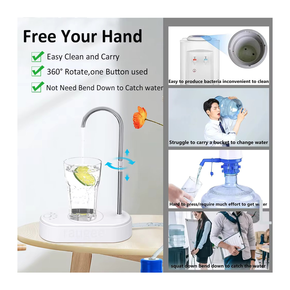 raugee Elektrische Wasserflaschenpumpe Automatischer Wasserspender Smart Desktop Trinkwasserpumpe Wiederaufladbar in Schwarz oder Weiß - Bild 5