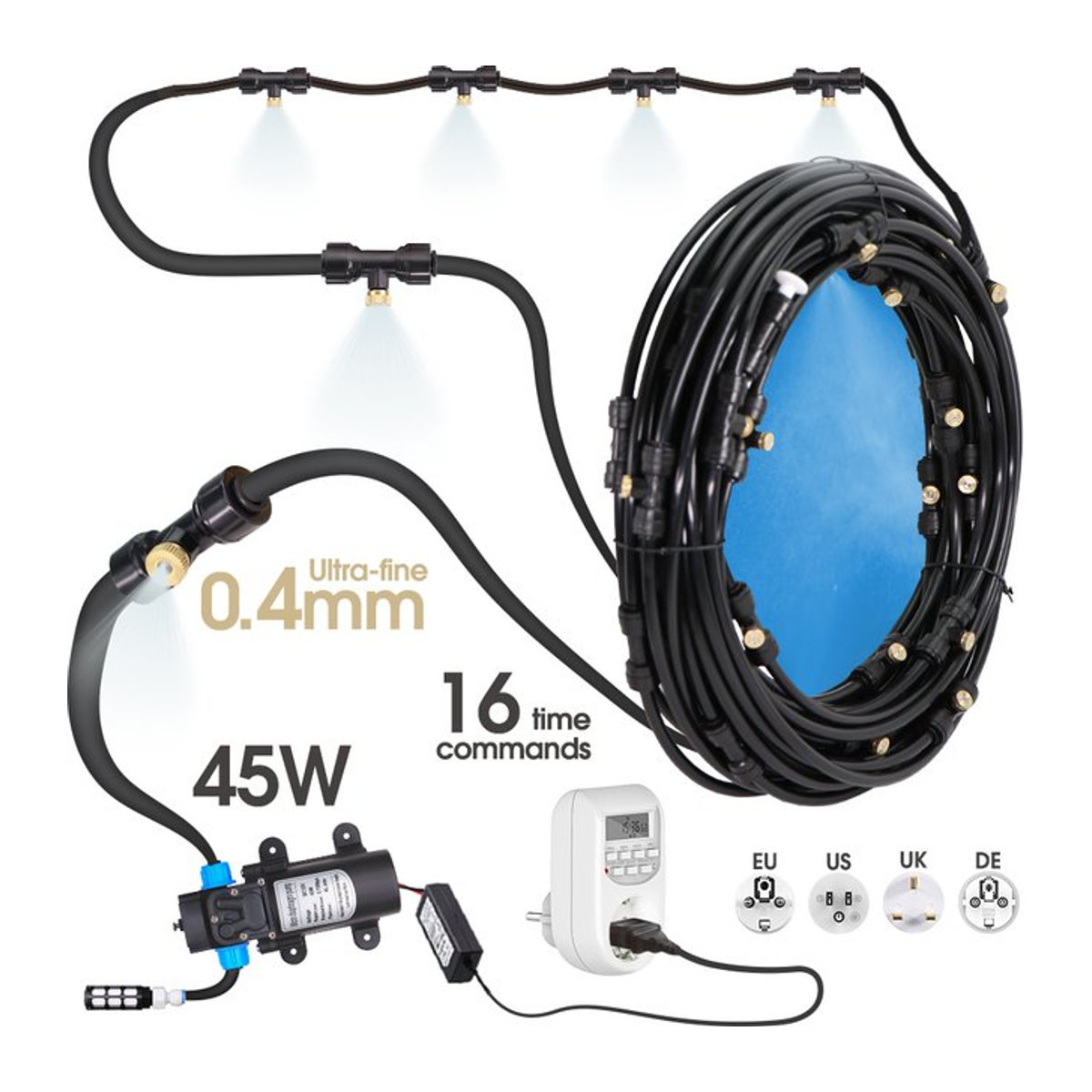 RBCFHI Automatisches Gartenbewässerungssystem mit 45 W Pumpe und Messing-Nebeldüsen in Schwarz - Bild 1