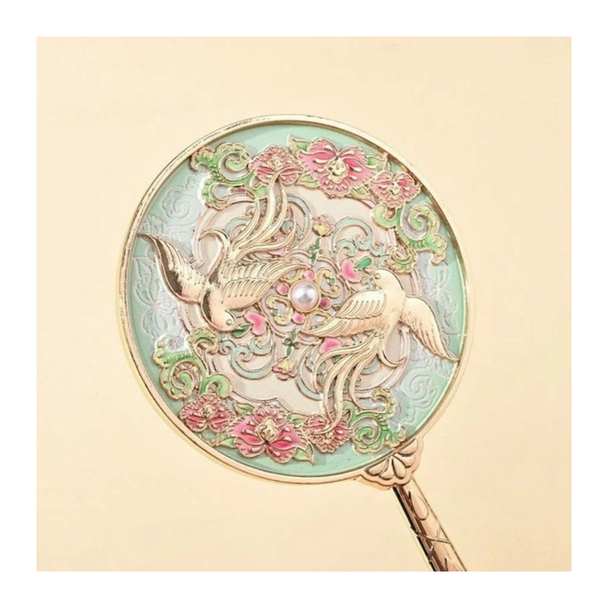 RBXC Relief-Metall-Make-up-Spiegel im chinesischen Stil mit Lerche und Blumen sowie Kamm-Set in Vintage-Optik, rund, mehrfarbig - Bild 1