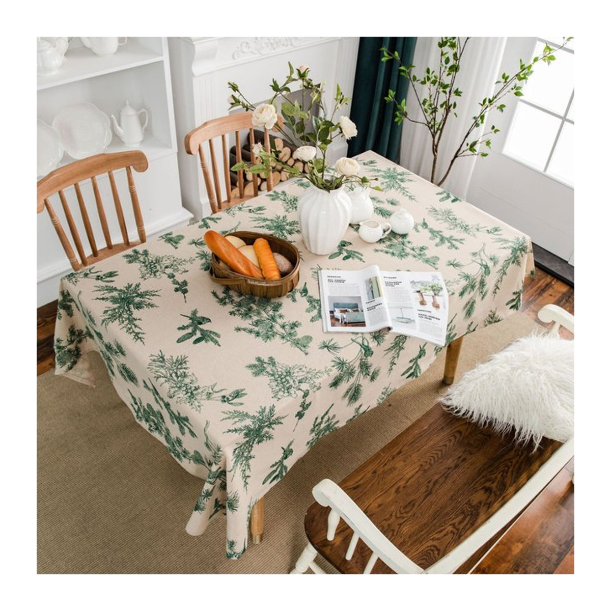 Rechteckige Tischdecke aus Baumwolle und Hanf mit Kiefernzapfen-Print in Grün - Bild 1