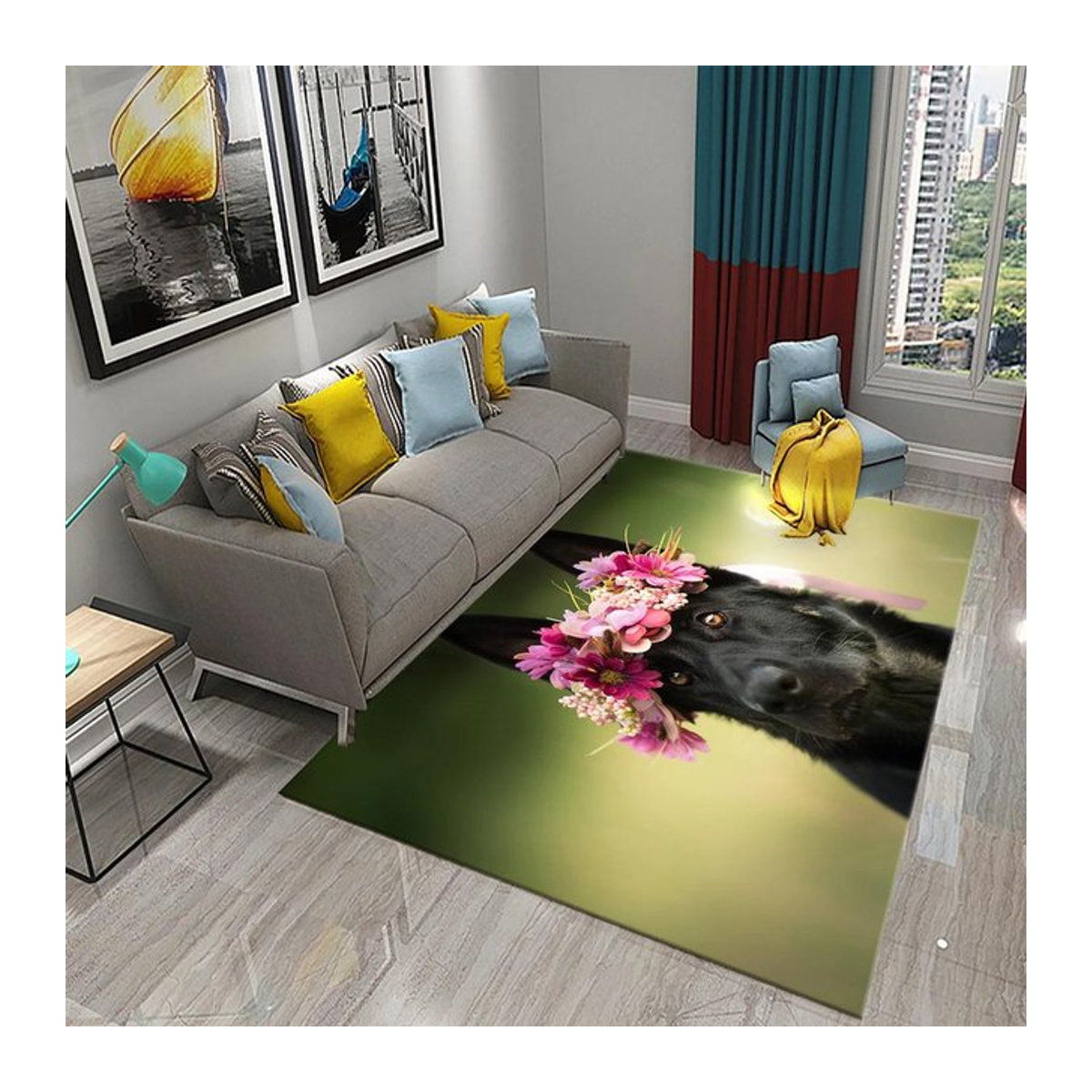 Rechteckiger Teppich mit Hundefußabdruck und Blumenmuster für dein Wohnzimmer, B/H: 60 x 40 cm - Bild 1