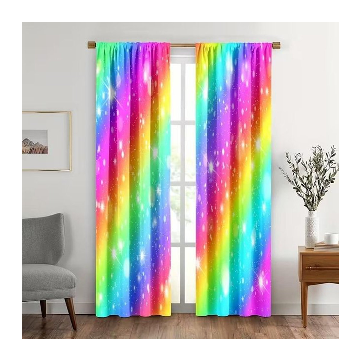 Regenbogen Funkelnder Vorhang Set aus 2 Teilen in Multicolor von Tonnika Chen aus Polyester mit Stangentasche, Breite: 100 cm, Höhe: 70 cm - Bild 1