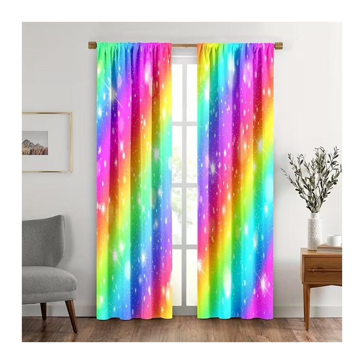 Regenbogen-Print Vorhang-Set aus Polyester in Multicolor für Wohnzimmer, Schlafzimmer und Küche, 2 Stück inklusive Haken, Breite: 100 cm, Höhe: 70 cm - Bild 1