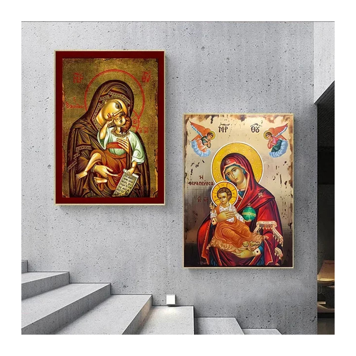 Religiöses Leinwand-Wandbild Der Therapeut Jungfrau Maria und Jesus Ikon in klassischem byzantinisch-orthodoxem Stil, mehrfarbig, Hochformat - Bild 1