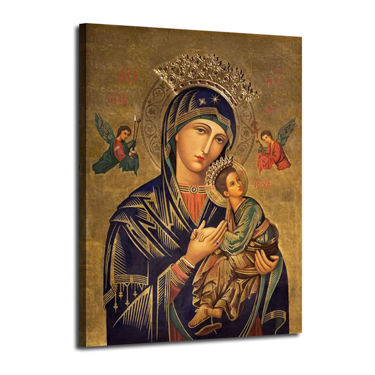 Religiöses Wandbild Our Lady of Perpetual Help als Porträt aus Papier, mehrfarbige Wandkunst mit Maria und Jesus im Hochformat - Bild 1