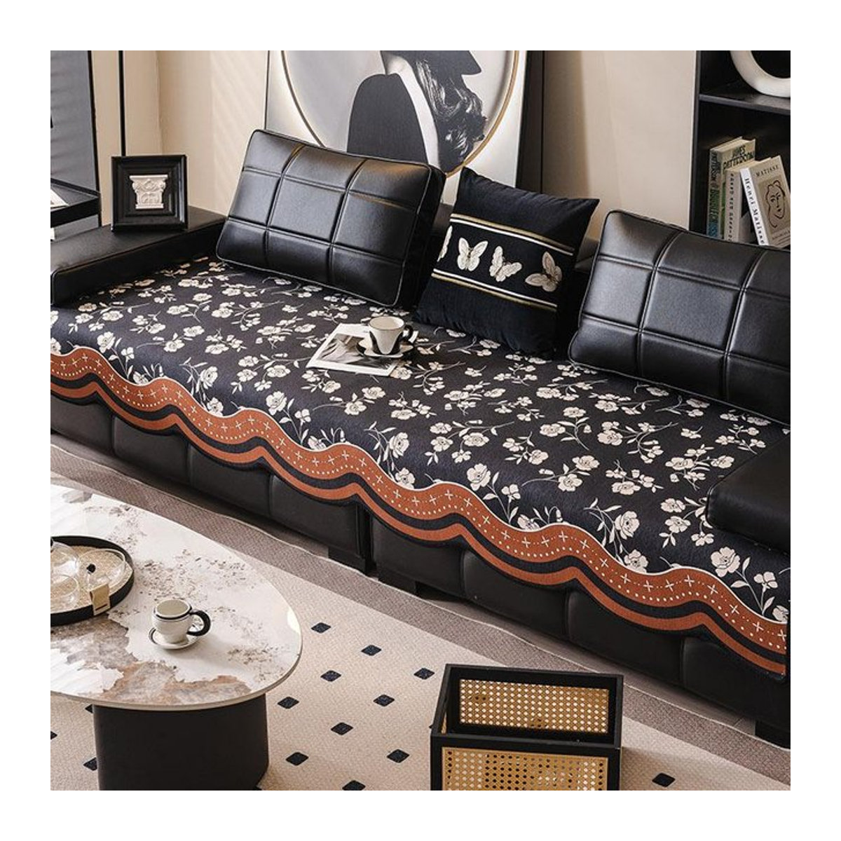 Retro Chenille Sofa Sitzkissen rutschfest für Kombi-Sofas Schwarz B/B: 90 x 90 cm - Bild 1
