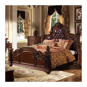 Retro Doppelbett aus Massivholz und Leder in Braun mit floralem Design, B/T/H: 200 x 200 x 220 cm