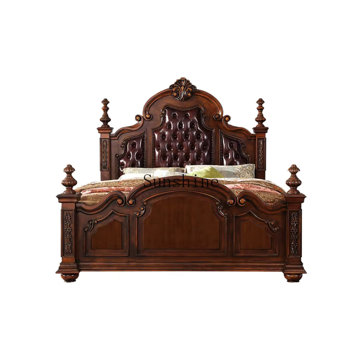 Retro Doppelbett aus Massivholz und Leder in Braun mit floralem Design, B/T/H: 200 x 200 x 220 cm - Bild 3