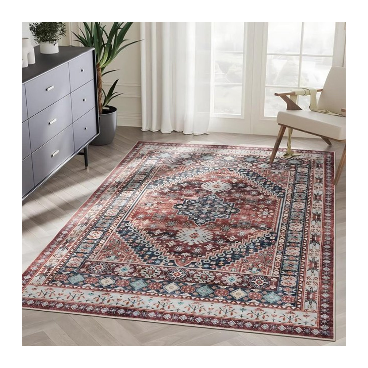 Retro-ethnischer Teppich im türkischen Perser-Stil als Vintage-Bodenmatte für Wohnzimmer, Schlafzimmer oder Eingangsbereich, B/B: 40 x 60 cm - Bild 1