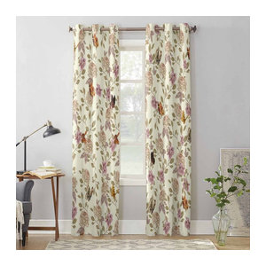 Retro Fenster Vorhang mit Blumen Blättern und Schmetterlingen in Weiß, semi-transparent, B: 135 cm, H: 245 cm