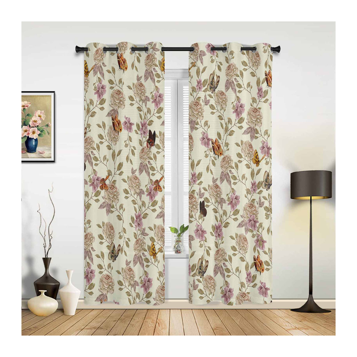 Retro Fenster Vorhang mit Blumen Blättern und Schmetterlingen in Weiß, semi-transparent, B: 135 cm, H: 245 cm - Bild 2