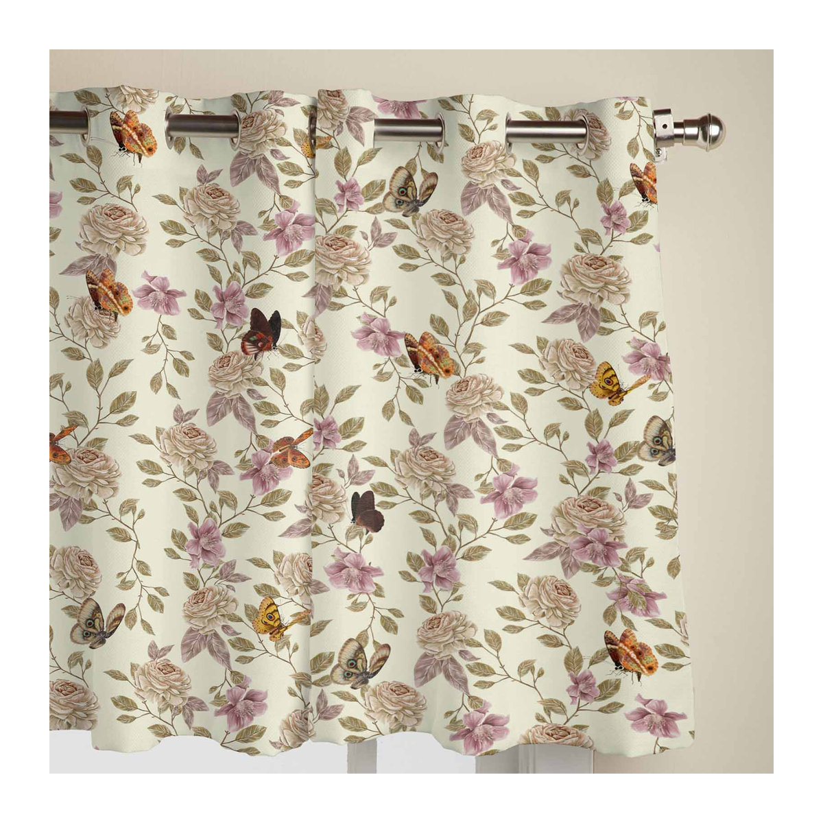 Retro Fenster Vorhang mit Blumen Blättern und Schmetterlingen in Weiß, semi-transparent, B: 135 cm, H: 245 cm - Bild 3