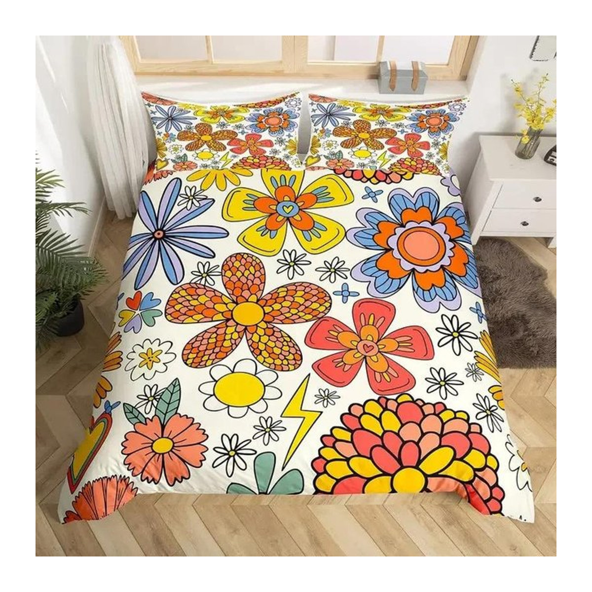Retro Hippie Herz Bettwäsche-Set mit abstraktem Blumenmuster aus Mikrofaser, Bunt, B/H: 140 x 210 cm - Bild 1