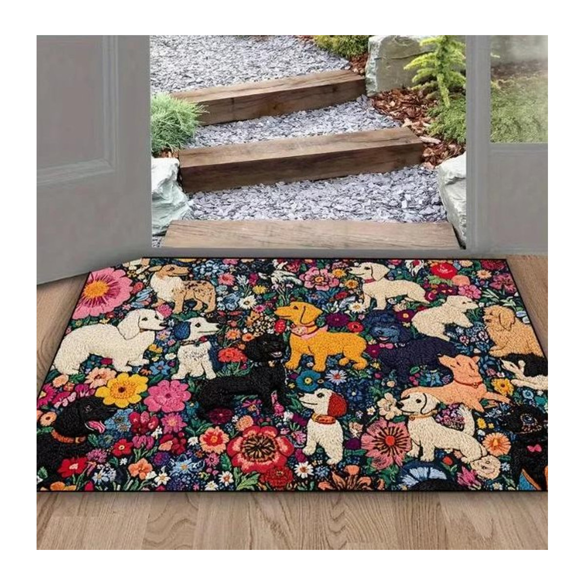Retro Hundeteppich mit Blumenmuster als Heimmatte für Eingang, Waschküche oder Wohnzimmer, Multicolor, B/T: 50 x 30 cm - Bild 1