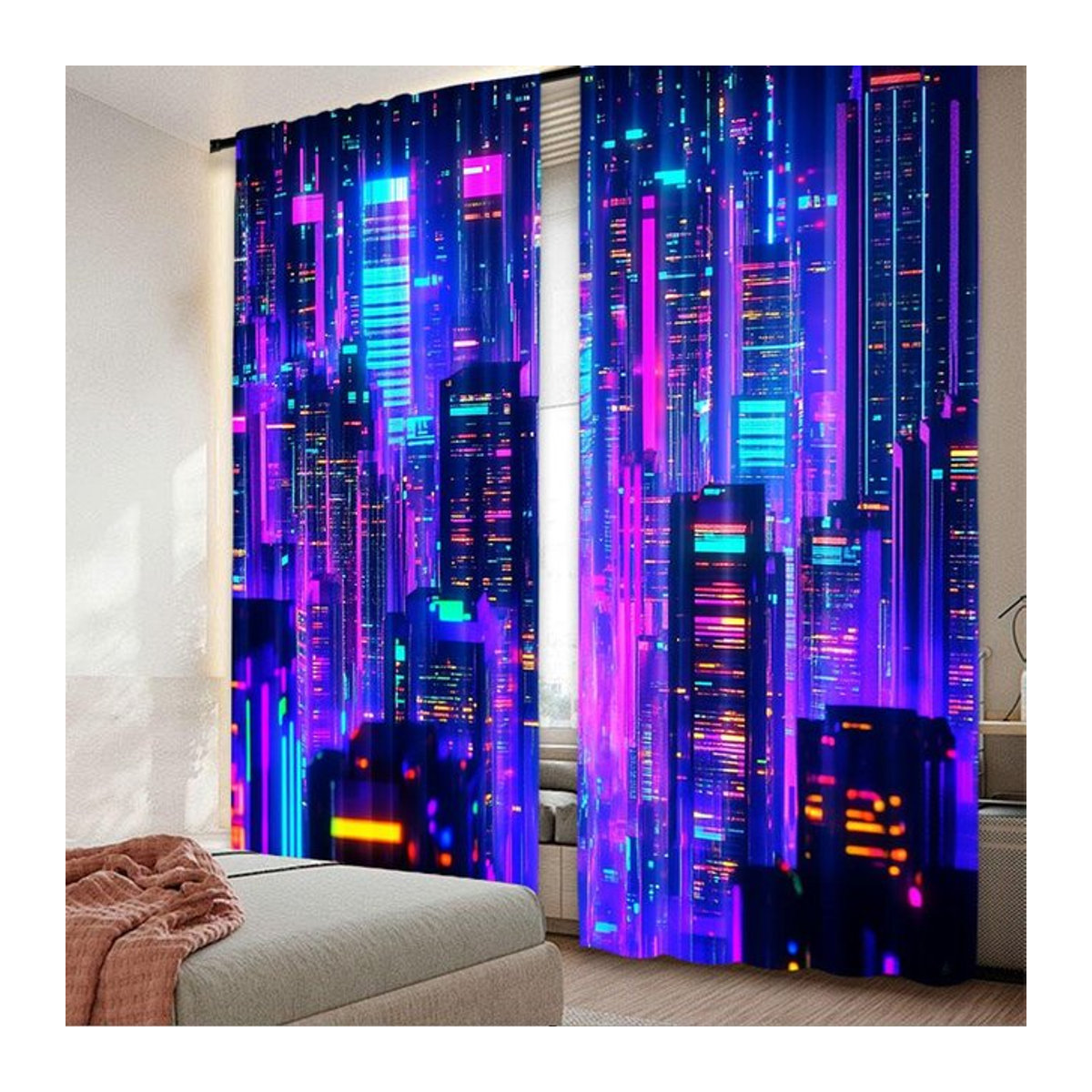 Retro Punk Nachtstadt Vorhang Set aus 2 Stück, futuristisches Design für Schlafzimmer, Wohnzimmer oder Büro, blickdicht, Multicolor, Breite: 100 cm, Höhe: 70 cm - Bild 1