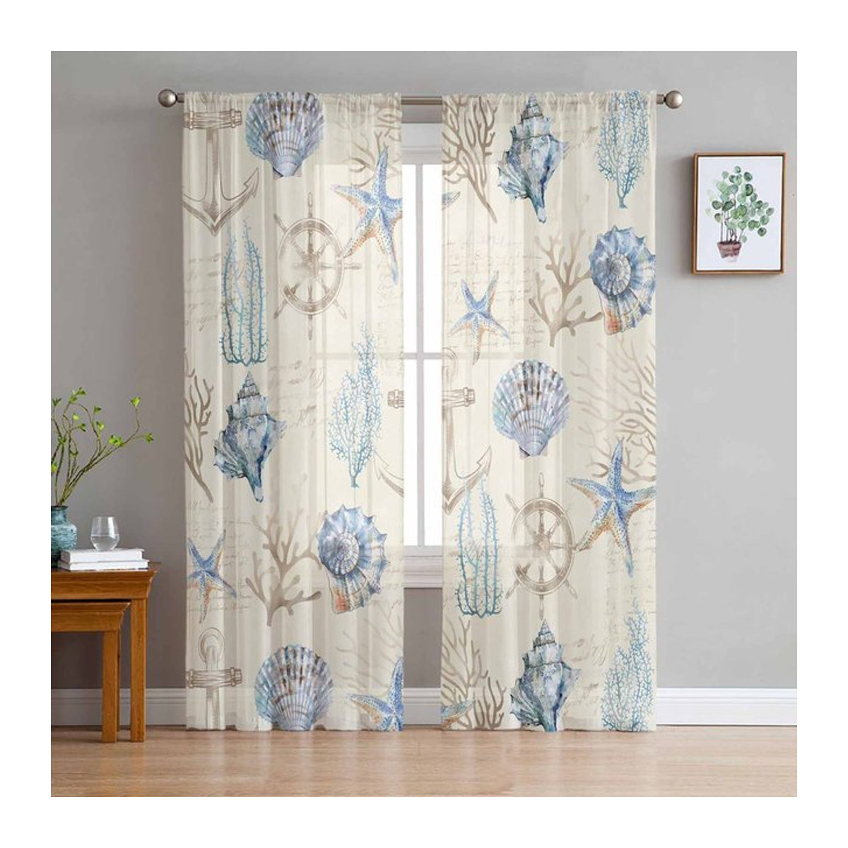 Retro Voile Tüll Vorhänge mit Ozean Motiv Korallen Muschel Seestern Schiff Anker Ruder B: 135 cm, H: 114 cm - Bild 1