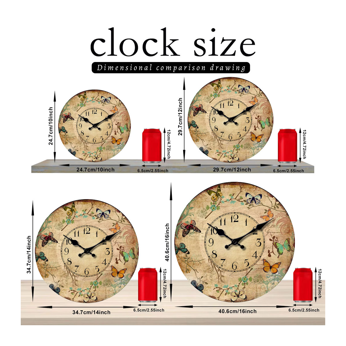 Retro Wanduhr aus Holz mit floralem Design und bunten Schmetterlingen, runde analoge Wanduhr in Multicolor - Bild 2