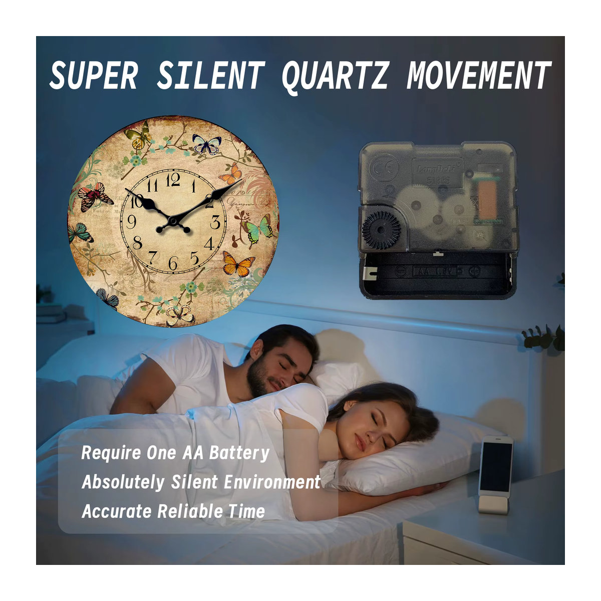 Retro Wanduhr aus Holz mit floralem Design und bunten Schmetterlingen, runde analoge Wanduhr in Multicolor - Bild 3