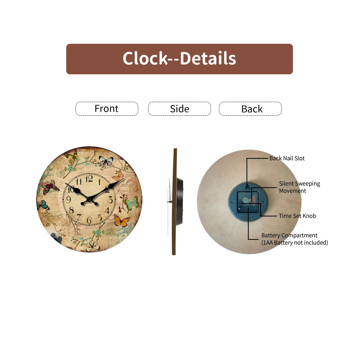 Retro Wanduhr aus Holz mit floralem Design und bunten Schmetterlingen, runde analoge Wanduhr in Multicolor - Bild 4