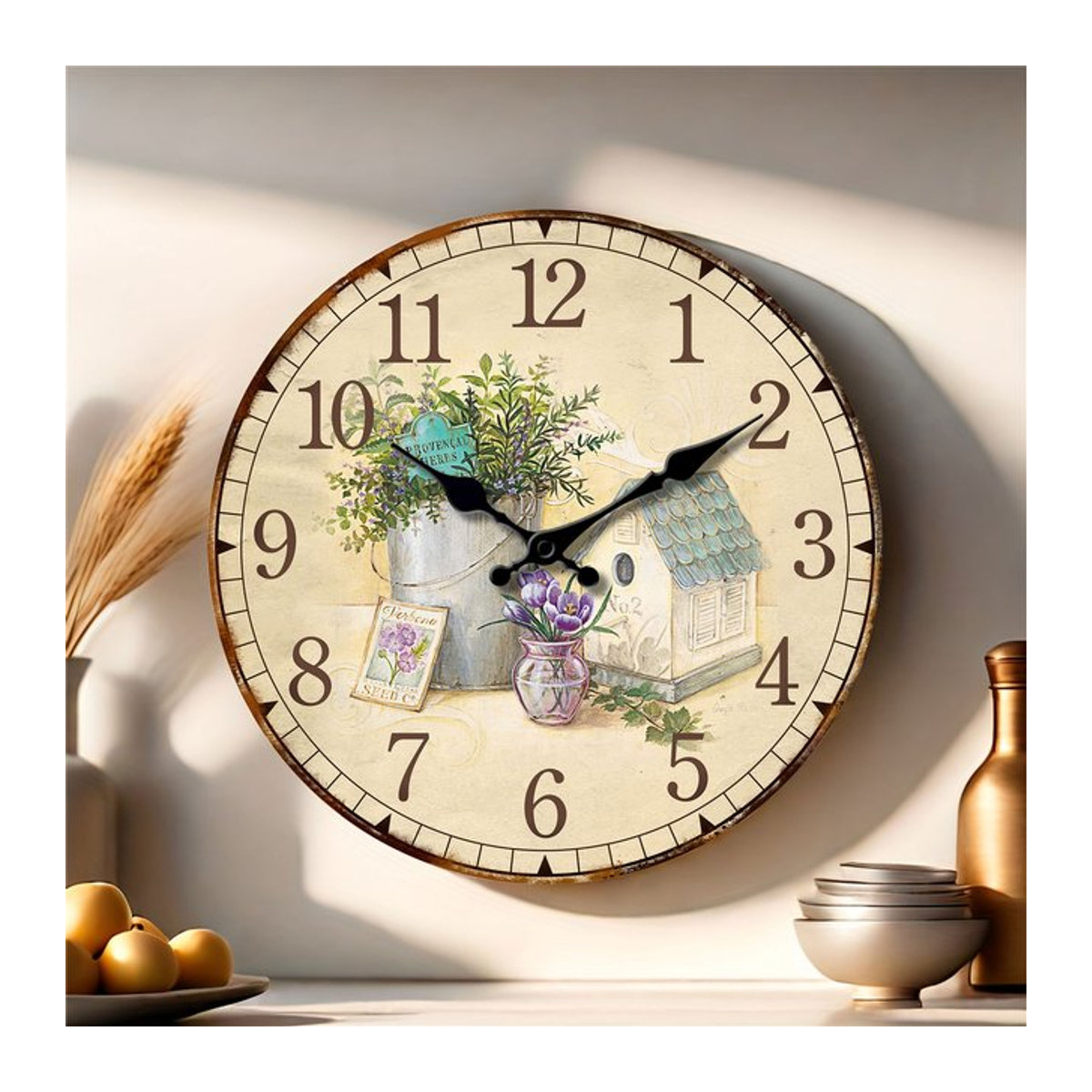Retro Wanduhr aus Holz mit Lavendel-Provence-Vanille Design, runde analoge Stumme Uhr für deine Wohnkultur - Bild 1