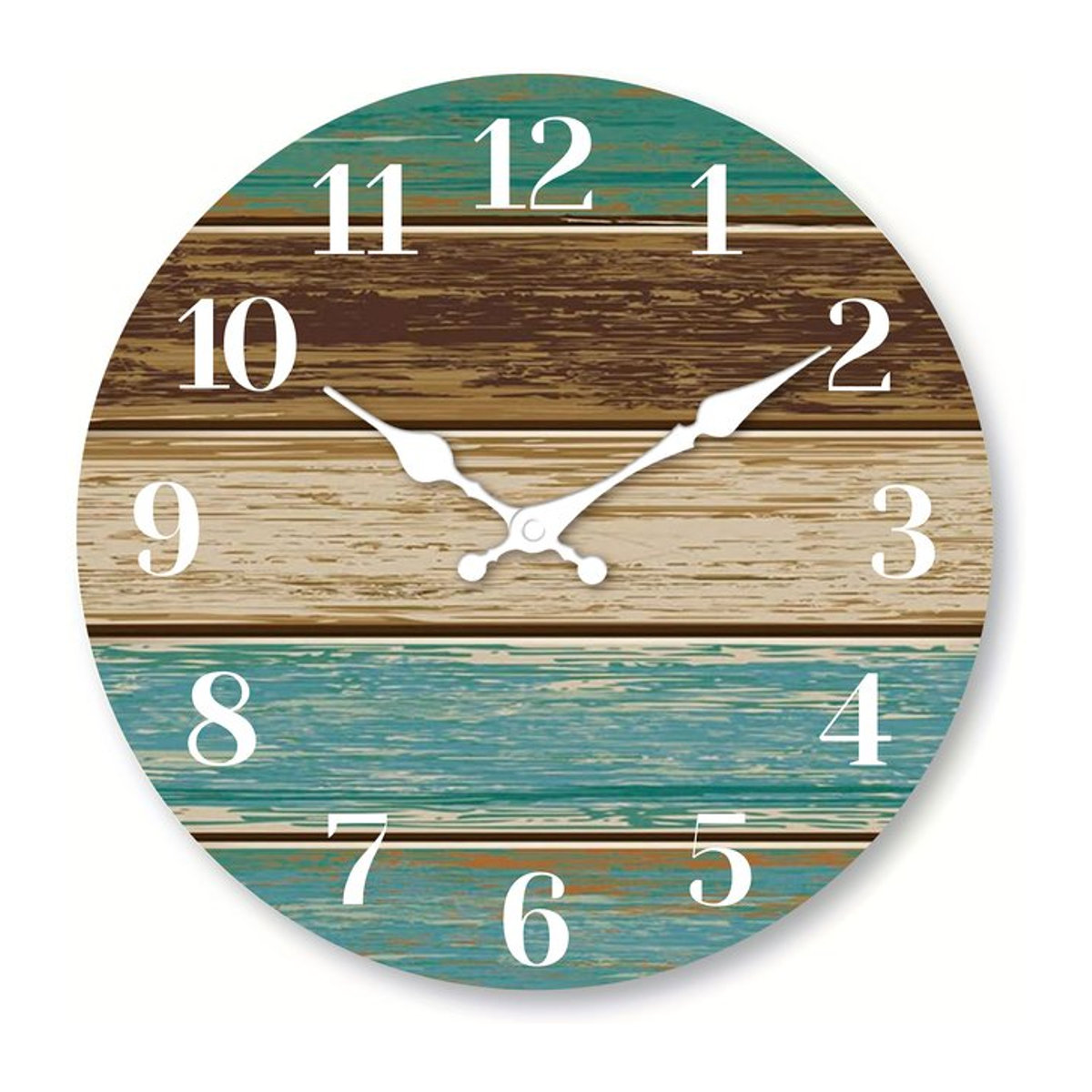 Retro Wanduhr aus Holzfurnier in Blau und Braun mit Küsten-Meer-Design, runde analoge Wanduhr für dein Zuhause - Bild 1