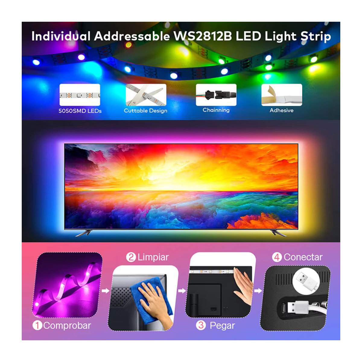 RGB LED Lichtstreifen WS2812B mit Bluetooth-Steuerung und USB 5V Anschluss für Desktop Atmosphäre - Bild 4