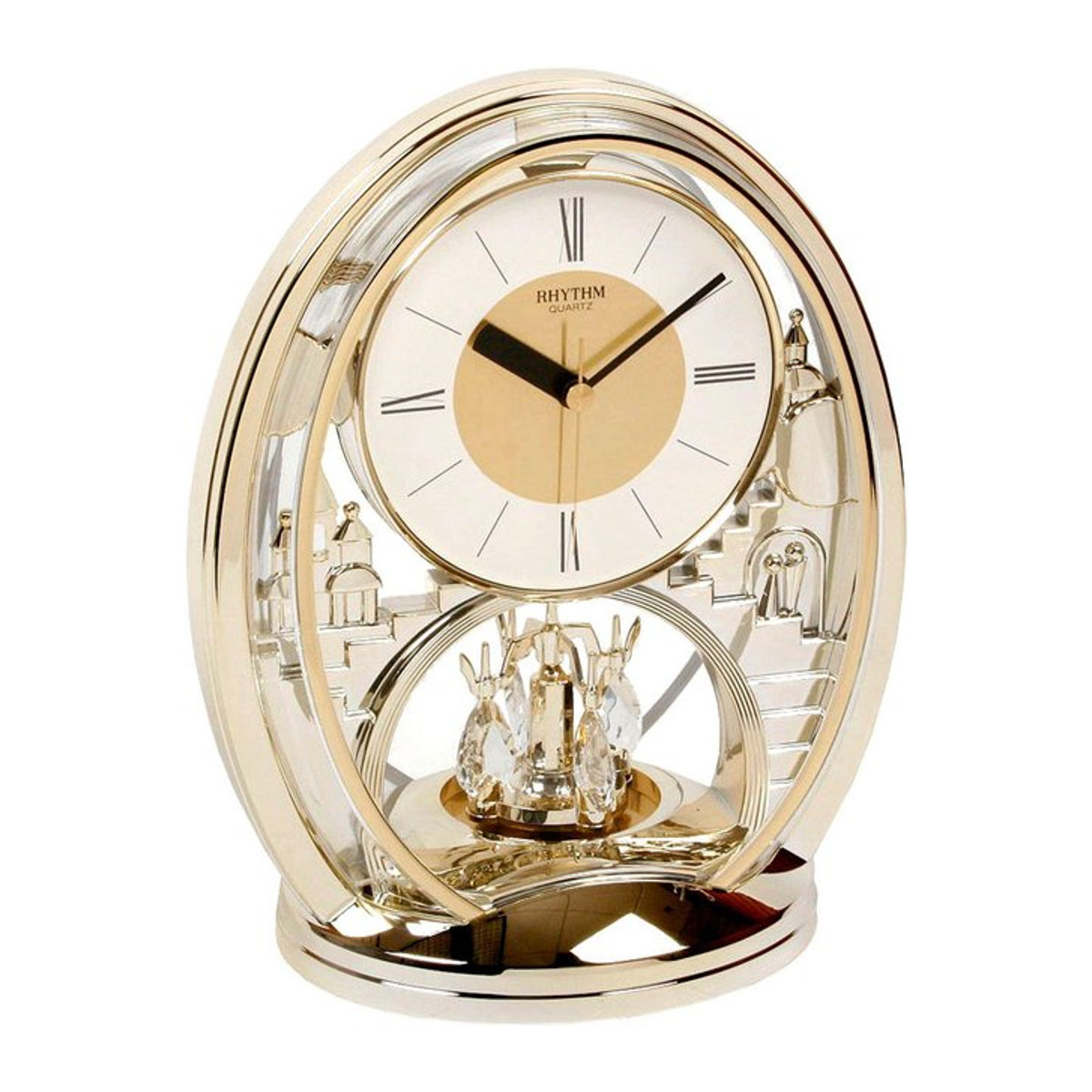 Rhythm Cont Kaminkonsoleuhr vergoldet in Gold mit rotierendem Pendel und Kristallen, B/T/H: 25,5 x 20,0 x 13,5 cm - Bild 1