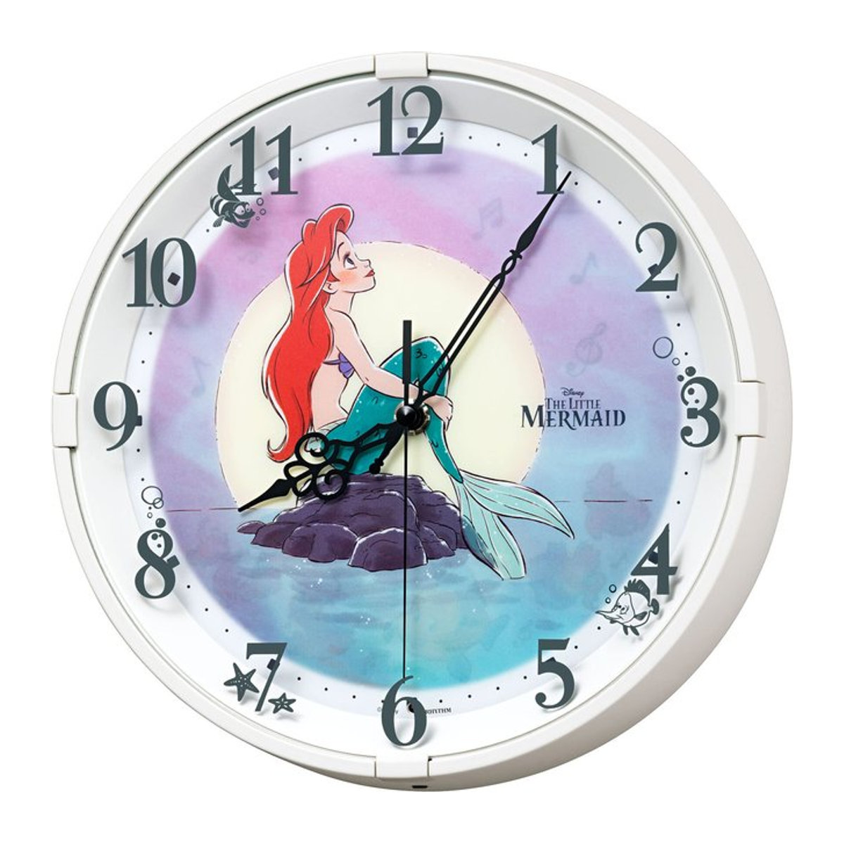 RHYTHM Disney Die kleine Meerjungfrau Wanduhr Ariel Weiß mit sich änderndem Zifferblatt bei Dunkelheit und leisem Mechanismus - Bild 1
