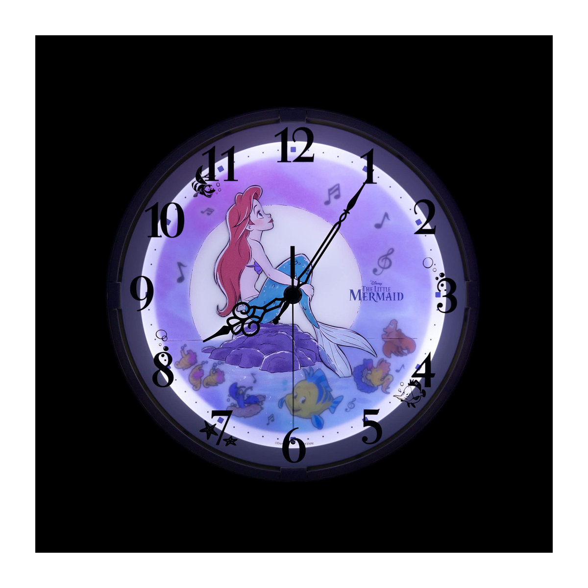 RHYTHM Disney Die kleine Meerjungfrau Wanduhr Ariel Weiß mit sich änderndem Zifferblatt bei Dunkelheit und leisem Mechanismus - Bild 2