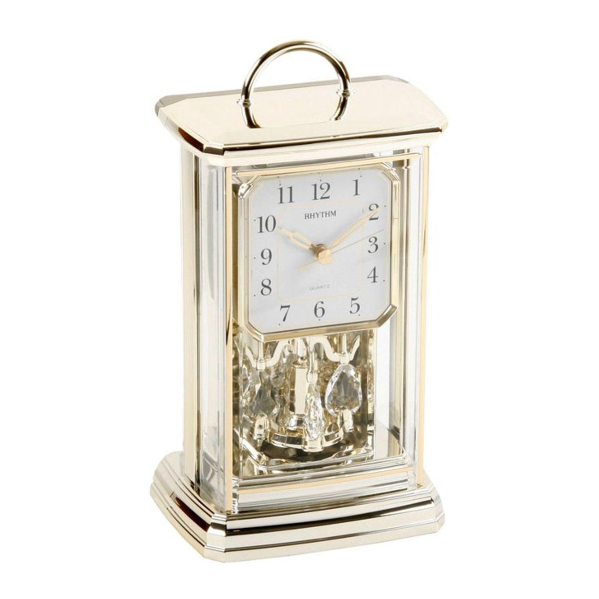 Rhythm Kontur Mont Mntl Clock Oblong Tischuhr mit arabischem Zifferblatt und rotierendem Kristallpendel in Gold - Bild 1