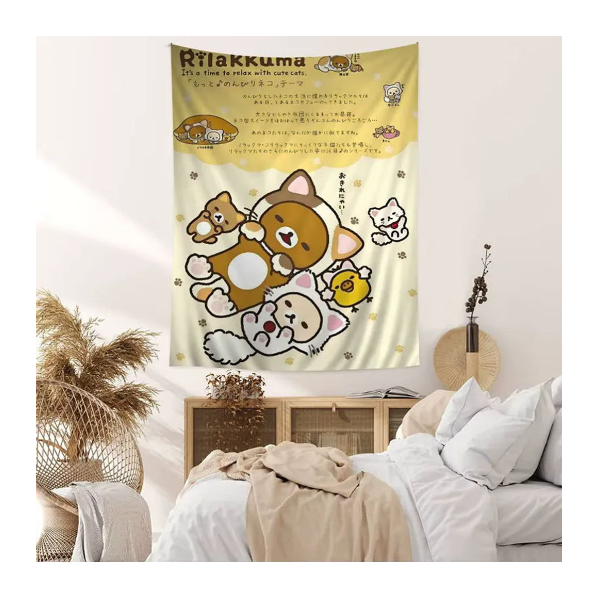 Rilakkuma Wandteppich im Boho-Stil mit Tier-Motiv, beige, rechteckig, Textil-Wanddeko - Bild 2