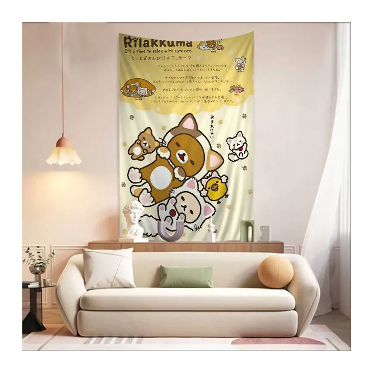 Rilakkuma Wandteppich im Boho-Stil mit Tier-Motiv, beige, rechteckig, Textil-Wanddeko - Bild 3