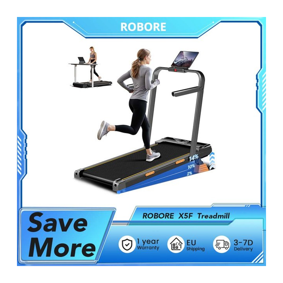 ROBORE X5F Laufband Schwarz mit 14% Steigung, 2,5 PS leisem Motor, max. 10 km/h und 3 Steigungsstufen inklusive LED-Display und Fernbedienung - Bild 1