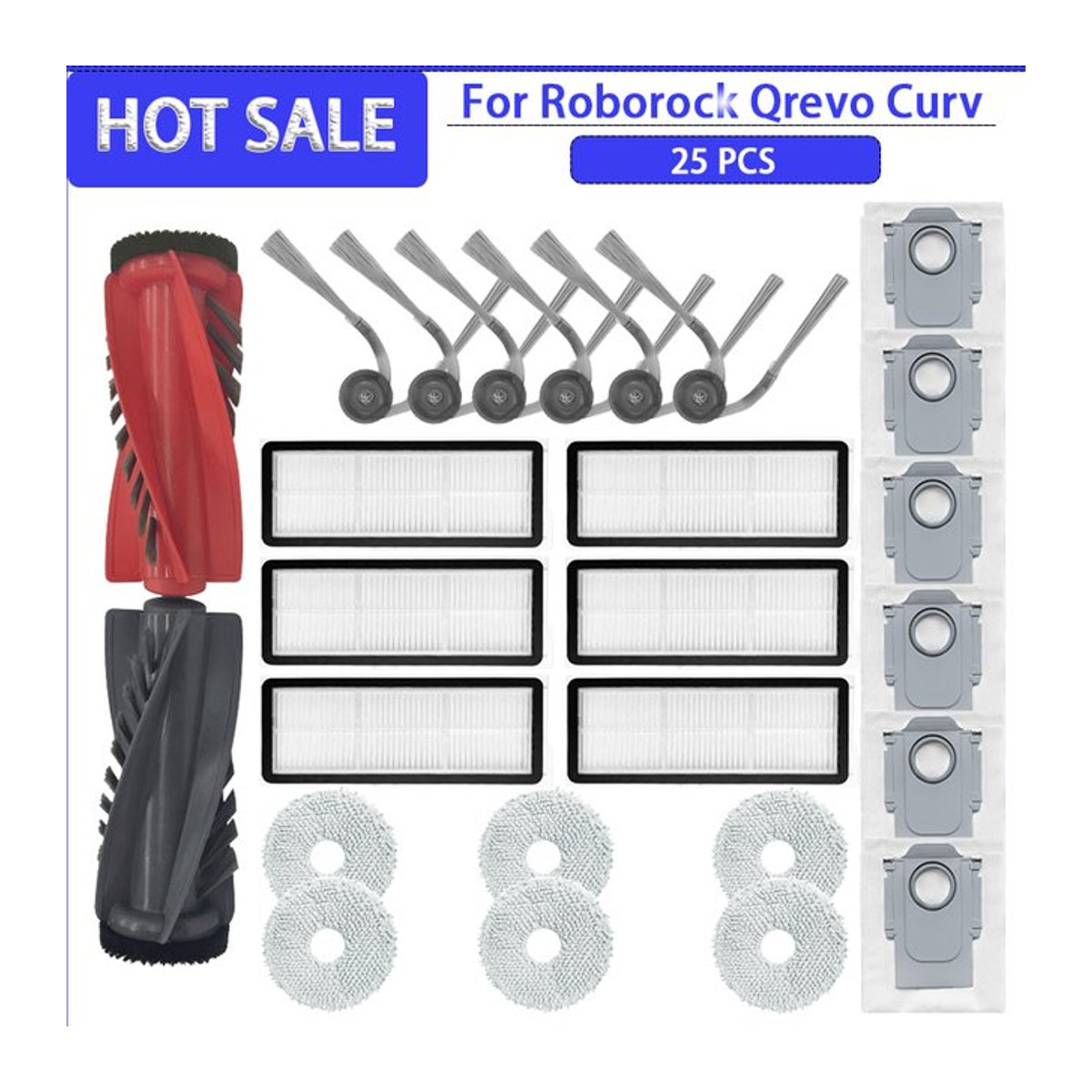 Roborock Ersatzteil-Set für Qrevo Curv, Qrevo Edge und Qrevo S5V mit Hauptbürste, Seitenbürste, HEPA-Filter, Mopp und Staubbeuteln in Bunt - Bild 1