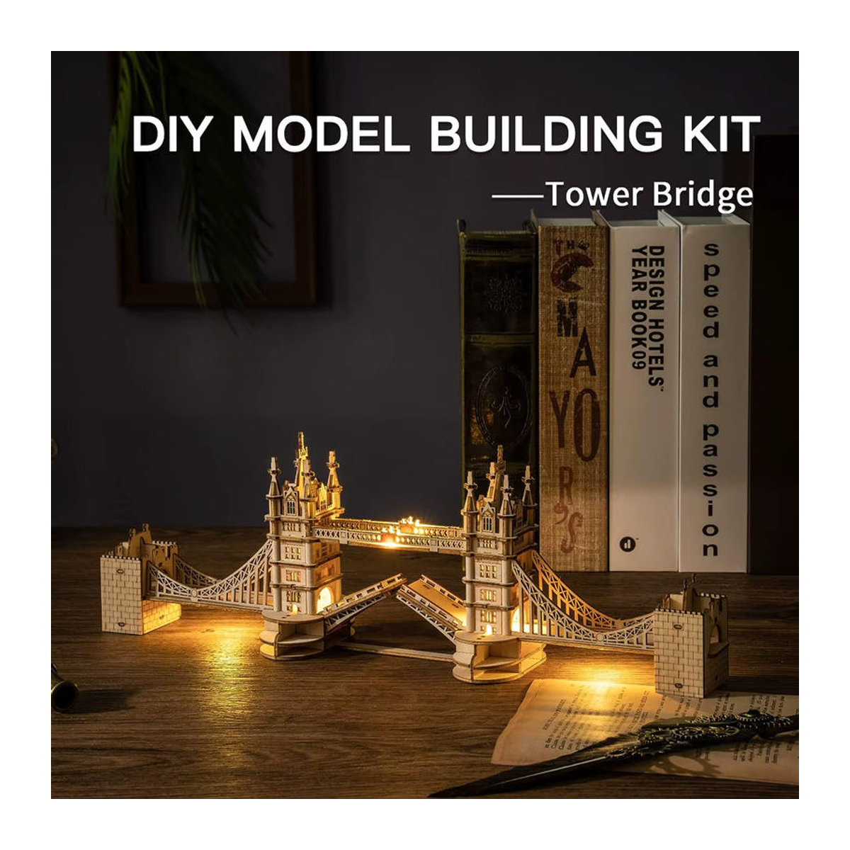 Robotime 3D Holz Puzzle DIY Baukasten Big Ben und Tower Bridge Modellset mit LED Licht in Braun - Bild 1