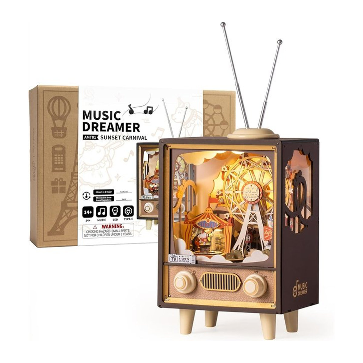 Robotime Holz-Musikbox 3D-Puzzle DIY-Modellbausatz Buchnische mit Nachtlicht Sonnenuntergang Vergnügungspark in Braun - Bild 1