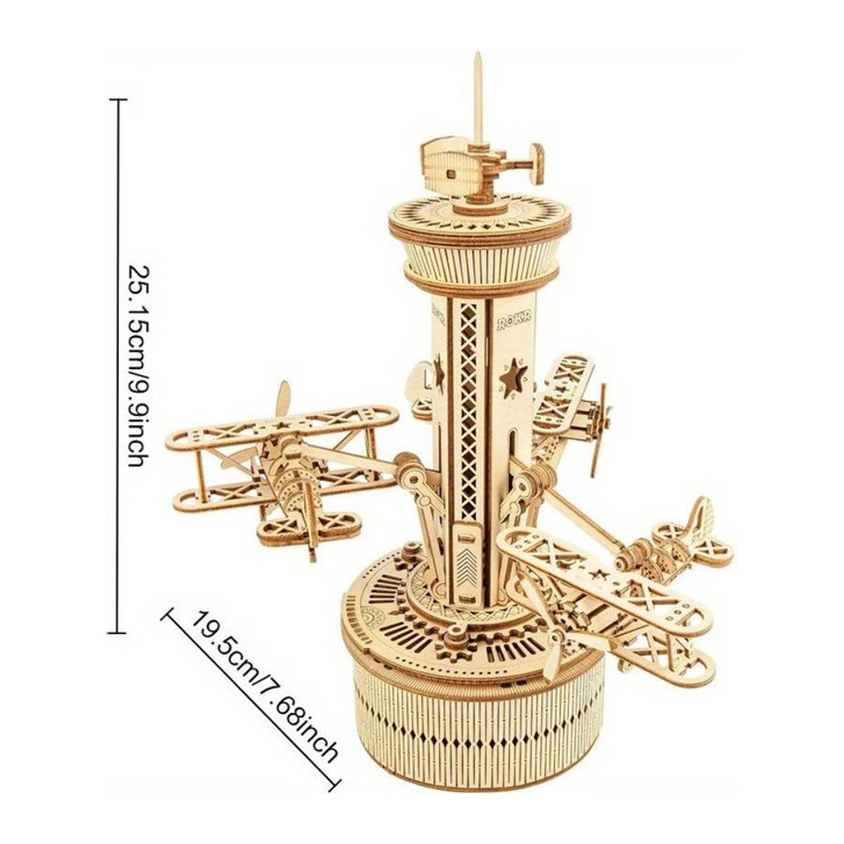 ROBOTIME ROKR 3D Holzpuzzle Mechanische Musikdose Flugkontrollturm in Braun - Bild 1