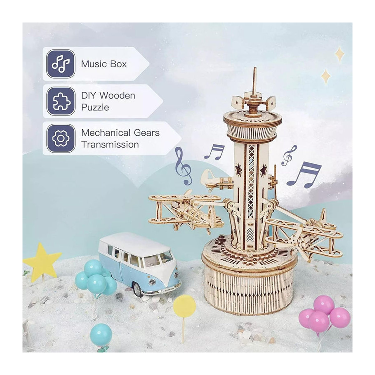 ROBOTIME ROKR 3D Holzpuzzle Mechanische Musikdose Flugkontrollturm in Braun - Bild 3