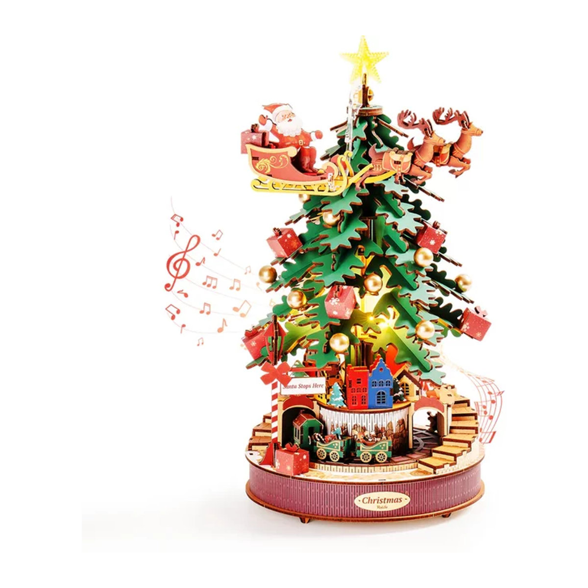 Robotime Rolife Weihnachtsmelodie-Baum-Spieluhren, mehrfarbiges 3D-Holzpuzzle mit Licht für Erwachsene - Bild 1