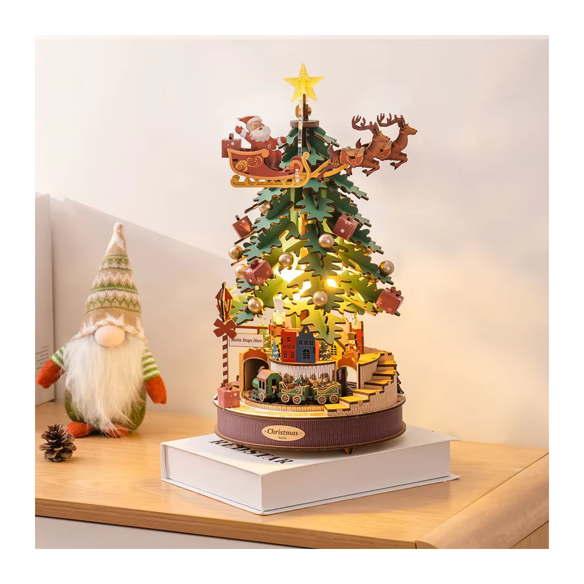 Robotime Rolife Weihnachtsmelodie-Baum-Spieluhren, mehrfarbiges 3D-Holzpuzzle mit Licht für Erwachsene - Bild 2