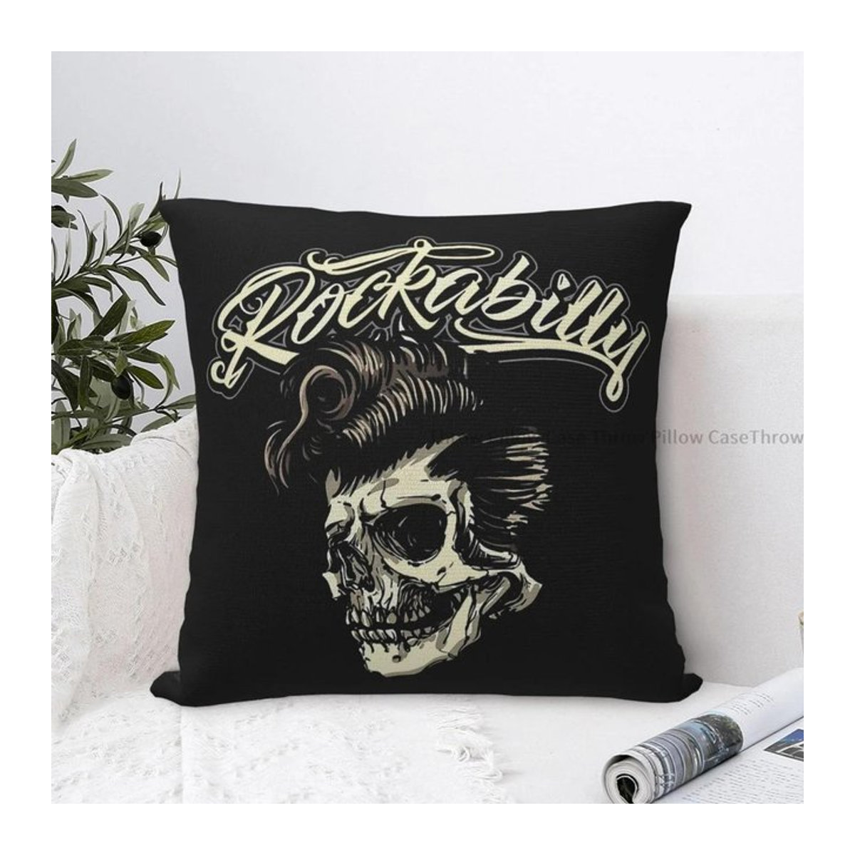 Rockabilly Kissenbezug mit Schädel-Motiv in Schwarz, B/H: 66 x 66 cm - Bild 1