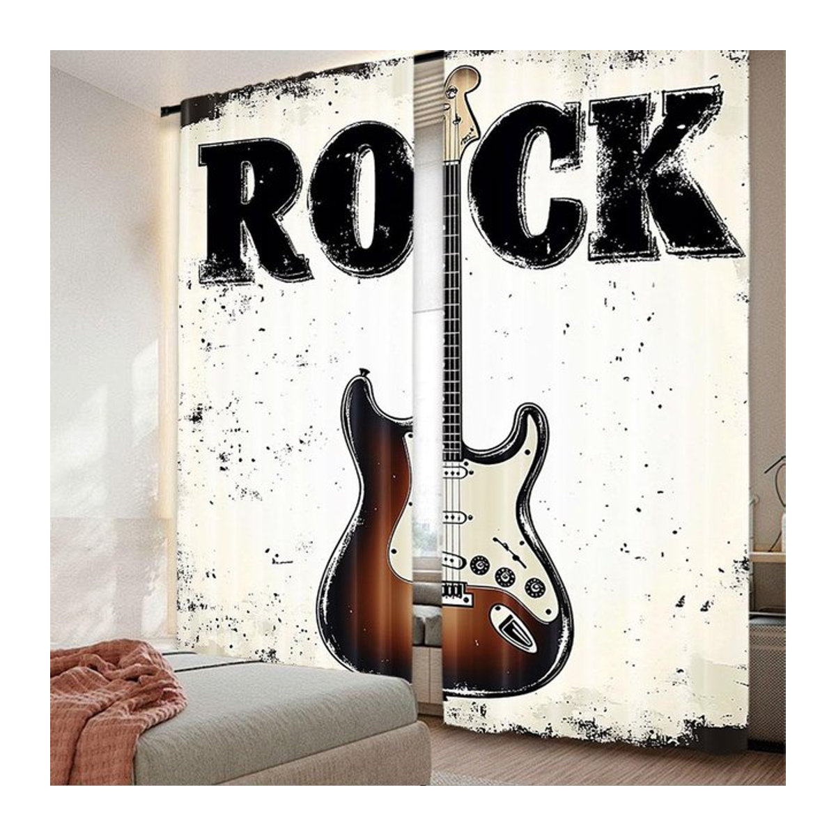 Rockmusik Vorhänge mit detaillierten Gitarrensaiten im Retro-Design aus Polyester, Set von 2 Stück, Breite: 100 cm, Höhe: 70 cm - Bild 1