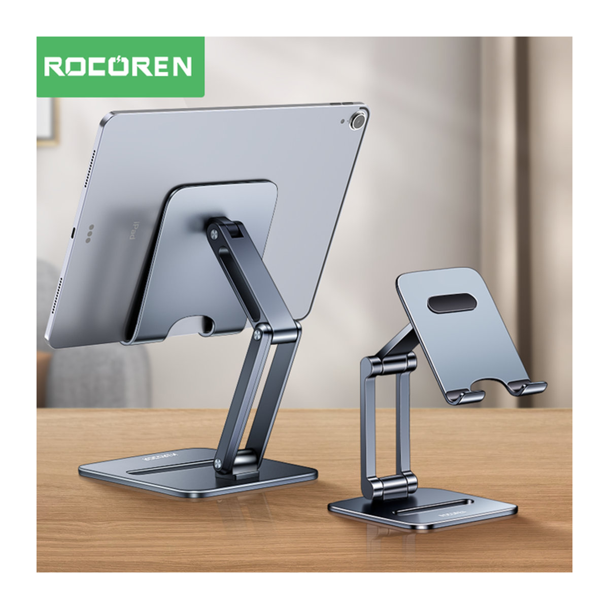 Rocoren Telefonhalter und Schreibtisch-Handyständer aus Metall in Grau, faltbarer Universal-Tablet-Halter für iPhone und iPad Pro Air - Bild 1