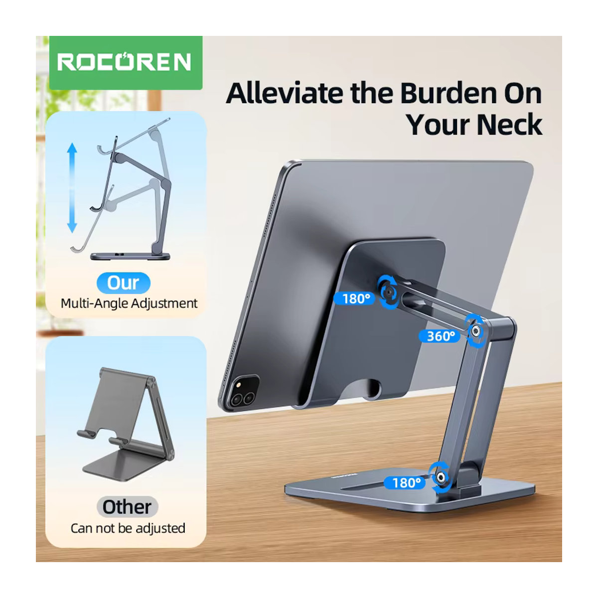 Rocoren Telefonhalter und Schreibtisch-Handyständer aus Metall in Grau, faltbarer Universal-Tablet-Halter für iPhone und iPad Pro Air - Bild 2