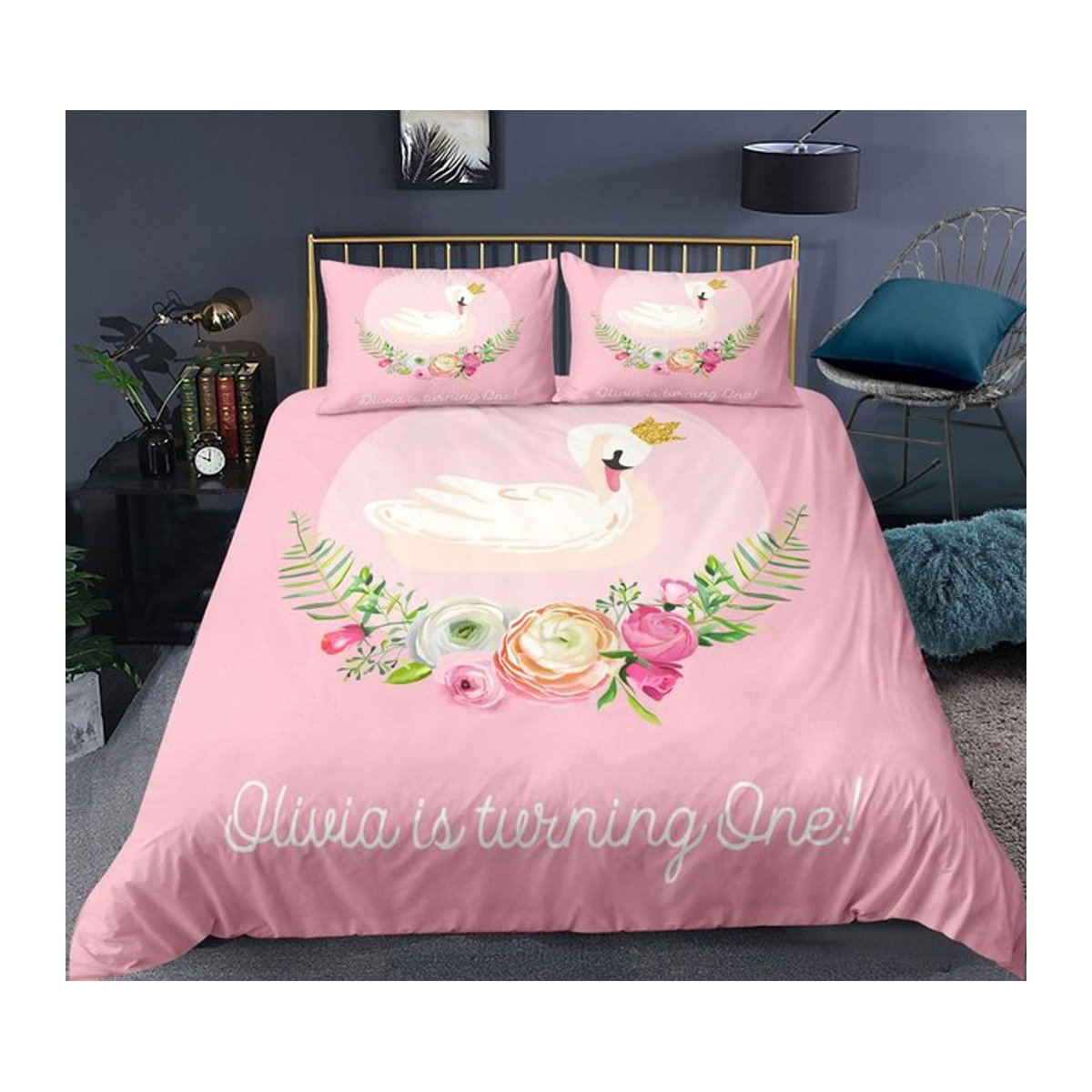 Romantisches Bettwäsche-Set mit Schwan-Motiv von Binchi Fitness in Rosa und Rot, B/H: 135 x 200 cm - Bild 1