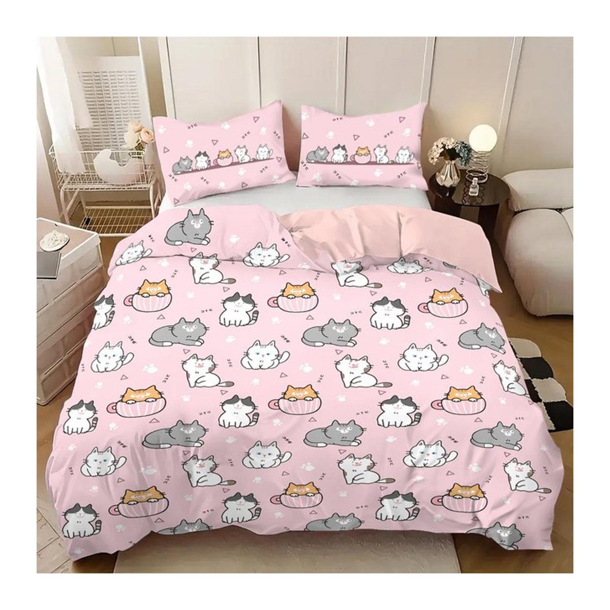 Rosa Bettwäsche-Set mit niedlichem Cartoon-Katzenmotiv, 3-teilig, B/H: 135 x 200 cm - Bild 1