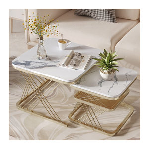 Rosahqnda 2er-Set Couchtisch Modern mit weißer Marmorplatte und goldener Metallbeinstütze Quadratisch