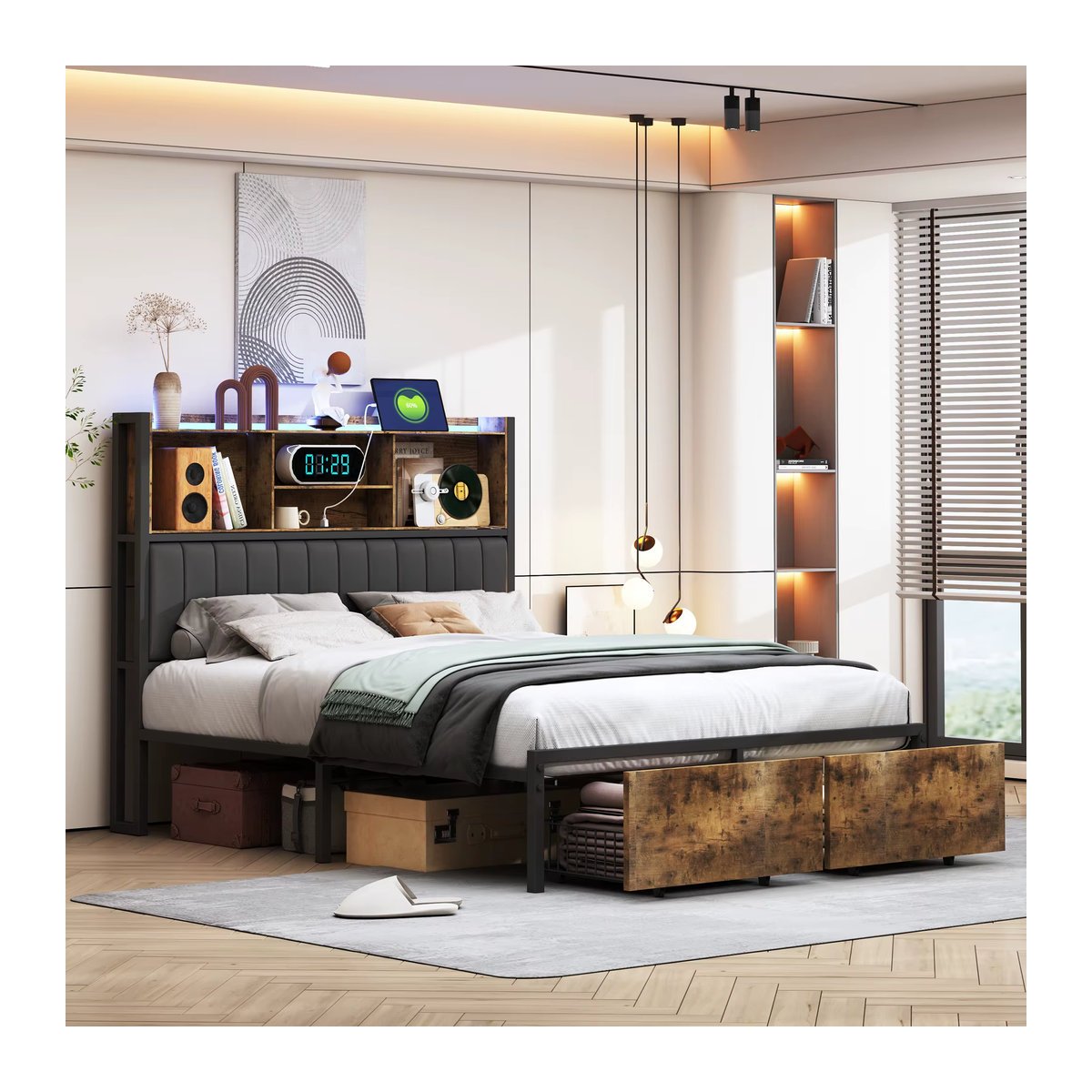 Rosahqnda Doppelbett aus Eisen mit LED, USB und Schubladen, gepolstertes Jugendbett mit Kopfteil aus PU, Farbe: Schwarz, B/T/H: 140 x 200 cm - Bild 2